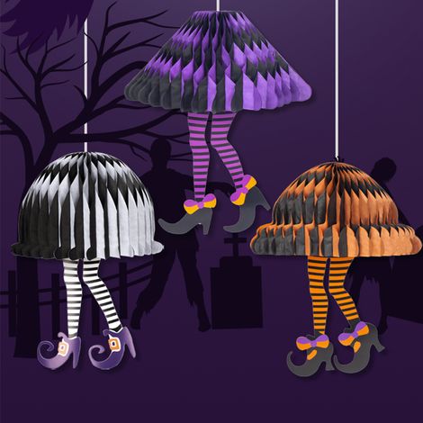 Lot de 3 décorations murales d'Halloween en papier cellulaire - Décoration festive - Boules en papier d'os de sorcière - Boules violettes en papier cellulaire à suspendre en forme de talon haut (1/4)