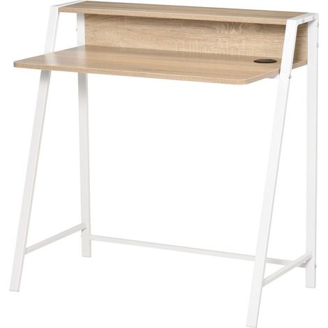 Bureau Informatique Table Ordinateur d\'étude dim. 84L x 45l x 85H cm Style Simple en Bois chêne Clair Blanc (1/5)