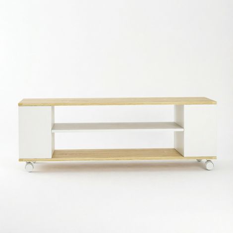 Mueble TV con ruedas para televisores hasta 55 pulgadas 120x40x38,5 cm blanco y madera HOMVRA (1/5)
