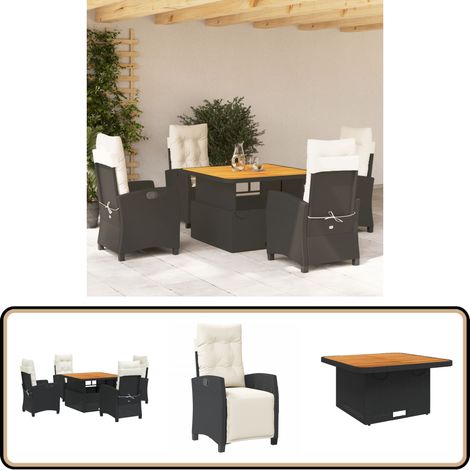 Ensemble à manger de jardin coussins 5pcs Noir Résine tressée - Ensemble Salon De Jardin - Meuble Extérieur - Table Extensible - Chaises Pliantes - Fauteuil Inclinable