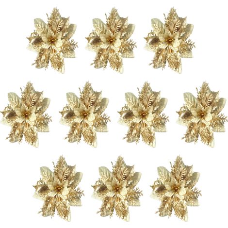 Guirlande Florale de Noël Dorée 14cm, Décoration Festive Artificielle avec Paillettes, Lot De 10 Pièces, Pour Intérieur Et Extérieur-KZQ (1/2)