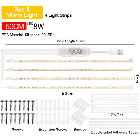Ortviai Bande LED pour Plantes d'Intérieur – 50 cm, Lumière Rouge & Chaude 3000K, 4 Niveaux de Luminosité, Minuterie Intelligente 24 h
