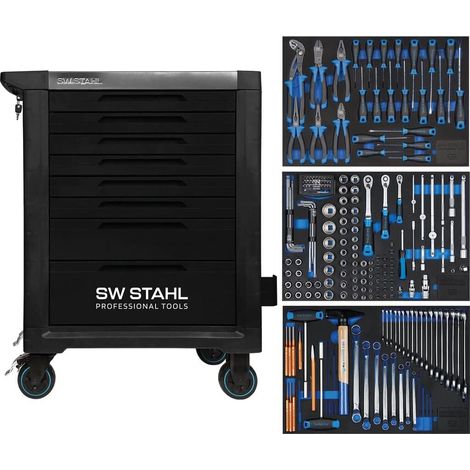 SW-Stahl Z3117 Profi Werkstattwagen TT801 schwarz I 8 Schubladen I 3 Schubladen gefüllt I 213 teilig I Werkstatt Rollwagen mit Werkzeug bestückt I Twin-Lock I Werkstattwagen kit I voll ausgestattet (1/5)