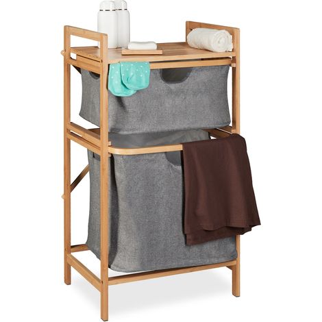 Relaxdays Cesto para Ropa Sucia, Sacos Extraíbles, 2 Compartimentos y Estante, Canasto de Bambú y Tela, Natural/Gris
