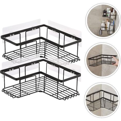 Étagère d'angle auto-adhésive pour salle de bain - Panier de douche - Porte-shampoing pour douche - 2 pièces étagère d'angle pour douche Caddy noir (1/5)