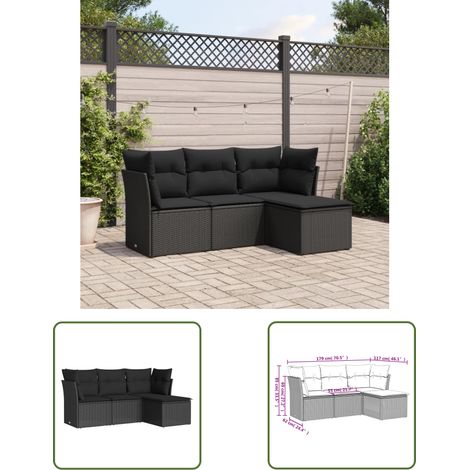The Living Store Salon de jardin 4 pcs avec coussins noir résine tressée - Salon De Jardin - Mobilier De Jardin - Canapé Extérieur - Ensemble Salon De Jardin - Résine Tressée (1/3)