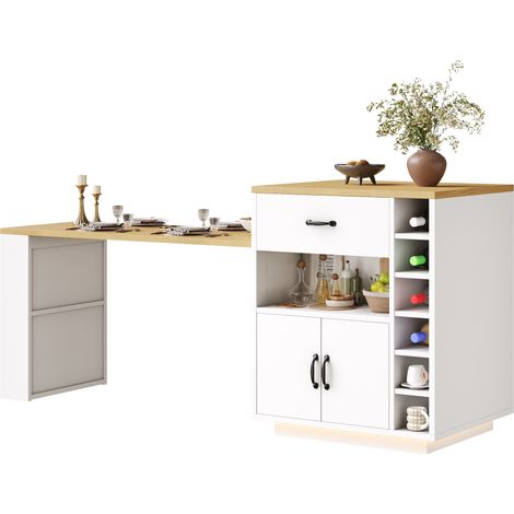 Îlot de cuisine / meuble de cuisine / buffet / meuble bar avec bande LED,desserte fixe avec table extensible,2 tiroirs et 4 portes,noir/blanc