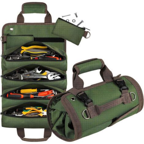 Sac à outils imperméable enroulable – Trousse de rangement portable en tissu Oxford vert, idéale pour garage, voiture et moto