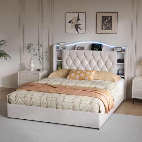 Bett mit Stauraum - 140x190 - Gepolstert mit Samt - Integrierte LED - Stauraumtruhen