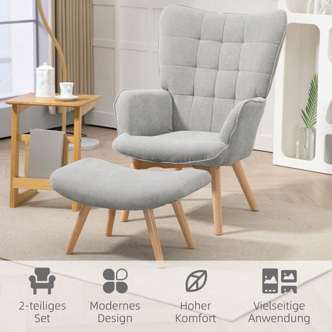 Fauteuil relax avec pouf, fauteuil lounge en tissu effet velours côtelé, gris, avec accoudoirs et pieds en bois, pour salon, ensemble 2 pièces (1/5)