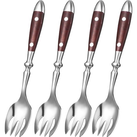 Fourchettes à Salade et Cuillères-fourchettes 17,4 Cm en Acier Inoxydable 430 Manches en Bois, Résistantes et Réutilisables, pour Fruits et Desserts, Lot de 4, Usage Quotidien (1/5)