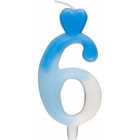 Bougie en forme de cœur numéro 6, bleue et blanche, 6,5 cm