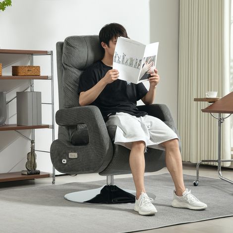 Fauteuil inclinable électrique avec port USB et repose-pieds, aspect velours, pivotant et réglable, gris. (1/5)