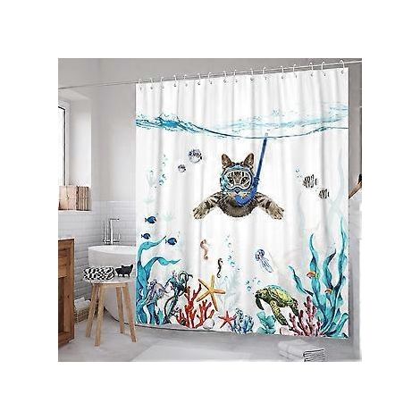Duschvorhang 180 x 180 cm, Motiv: Tauchende Katze, Ozean, wasserdicht, waschbar, schnelltrocknend, Polyestergewebe, Badezimmeraccessoire mit 12 Haken (1/4)