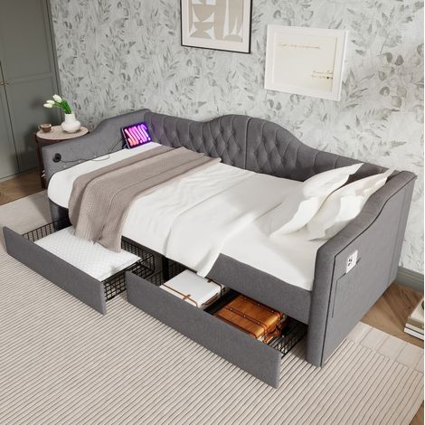 Bett mit Stauraum Leinenstoff Grau 90x200 cm, mit USB-/Type-C-Anschluss und 2 Schubladen (1/5)