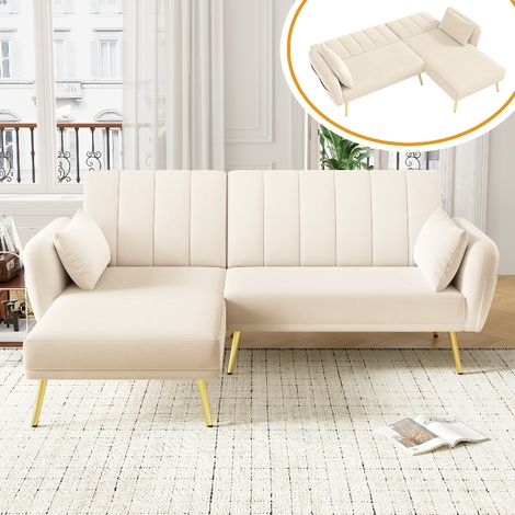 Ecksofa mit Schlaffunktion L-Form Schlafsofa aus Samt, Multifunktionales Klappsofa mit verstellbarer Rückenlehne & Seitentaschen, 191x130x80 cm (1/5)