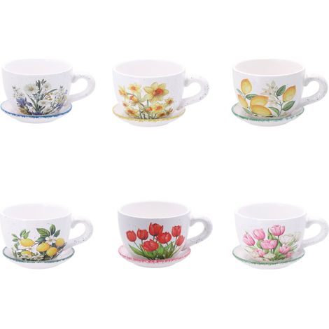 Regalo Italiano Vaso a Forma di Tazza con Sottovaso 16x12xH9 cm – Cachepot Decorativo per Piante e Fiori 1 Pz
