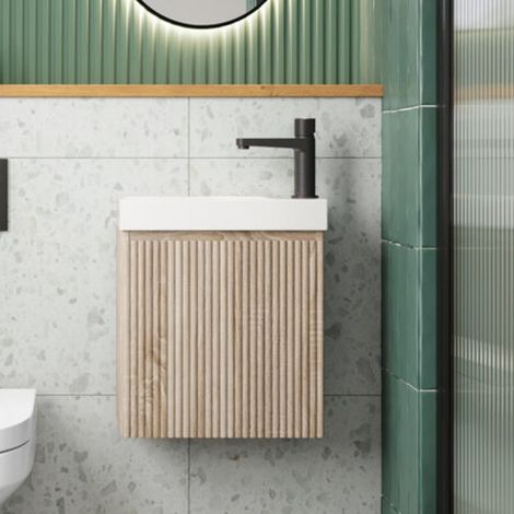 Orbit Linea Cloakroom 1-Drawer Wall Hung Vanity Unit with Basin 400mm Wide - Sonoma Oak (1/4)