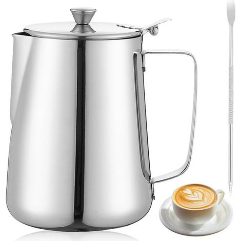 NTHProducts Piccola lattiera con coperchio per latte art 600 ml Montalatte per cappuccino ed espresso Argento (1/5)
