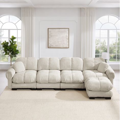 Modulares 4-Sitzer-Ecksofa aus Chenille, bewegliche Ottomane, hellkhaki (1/5)