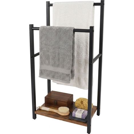Bathroom Towel Rack with Shelf, Brown, Steel & MDF (1/5)