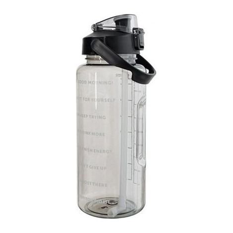 Bouteille d'eau 2 litres - Avec poignée et paille - Marqueur de temps - Pour école, sport et activités de plein air - Noire (1/5)