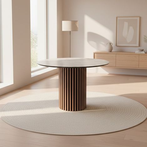 Tavolo rotondo Olympus piano effetto marmo bianco mola e base cannettata rovere 110x110x76 (1/3)