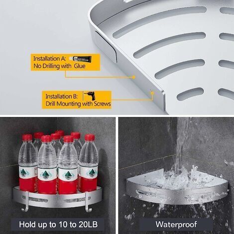 Eckduschablage, kein Bohren erforderlich, Badezimmeraufbewahrung, Duschzubehör, Duschseifenhalter, rostfreies Aluminium, 2er-Set, Silber mit Haken (Silber) (1/4)