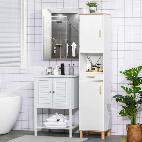 Meuble Salle de Bain Colonne en Bois Blanc avec Roulettes, Rangement Compact, Étagères Intégrées, Idéal Petits Espaces (1/5)