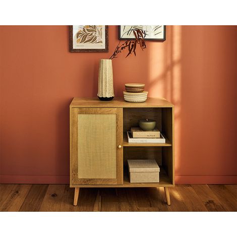 Bestmobilier – Buffet haut effet bois et cannage 80 cm – Dimensions 80x39x77 cm – Structure en panneaux de particules – Style contemporain (1/5)