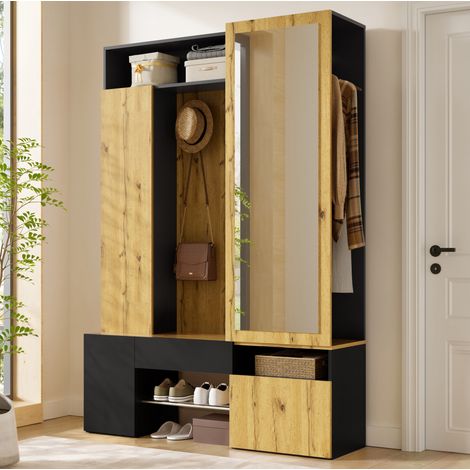 Meuble d'entrée MDF miroir, range-chaussures et porte-manteau 127 x 35 x 180,5 cm OKWISH (1/5)