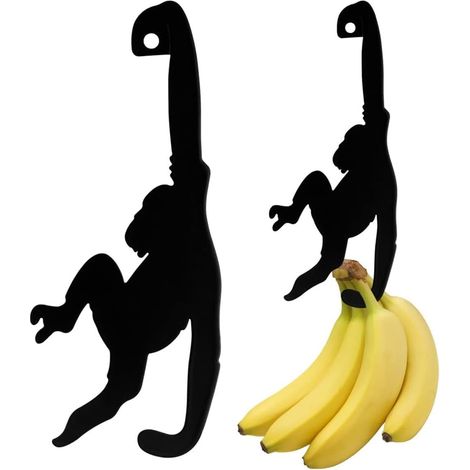 Due porta banane con decorazioni a forma di scimmia. Divertenti ganci da cucina per appendere banane o altri utensili leggeri.