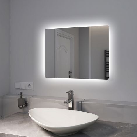 EMKE Miroir lumineux de salle de bain Rétro-éclairé avec Interrupteur à bouton, Anti-buée, deux couleurs claires 60x45 cm Lumière Blanche Froide/Chaude (1/5)