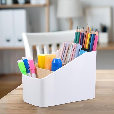 Organizador de escritorio, organizador para control remoto de TV, organizador extraíble de 4 compartimentos, organizador multifuncional para bolígrafos y notas adhesivas, color blanco (1/5)