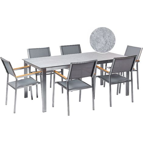Conjunto de jardín moderno 6 plazas de acero inoxidable mesa comedor tablero de vidrio sillas de textileno gris Cosoleto/Grosseto