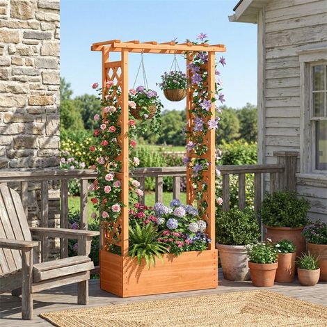 Jardinière surélevée - 66 x 32 x 152 cm - Treillis et toit suspendu - Bois de sapin orange - 2 trous de drainage