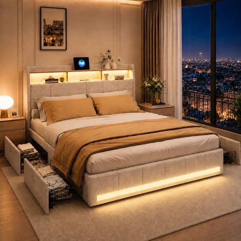 Lit 140x190 avec sommier éclairage LED et Charge USB, Lit Double rembourré avec 4 tiroirs et tête de lit de Rangement,en Lin,lit 2 Personnes pour Adultes et Adolescents (Beige, 140 x 190 cm) (1/5)