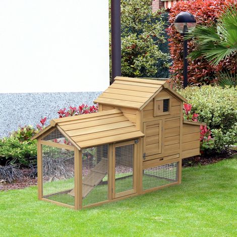 Poulailler en bois, 151,5 x 54 x 87 cm, enclos à deux niveaux avec deux portes, pondoir, toit étanche, rampe d'accÚs, poulailler de jardin, aspect naturel (1/5)