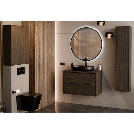Ensemble Complet Meuble Vasque 80 cm + Vasque + Miroir LED + Colonne + 2 meubles hauts - Caldera Foncé - Livraison gratuite