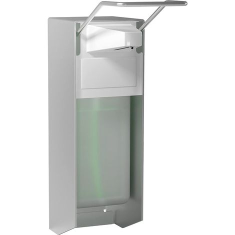 Dispensador de jabón de pared, accionado con el codo, para desinfectante y jabón de manos, blanco, aluminio, 500 ml. (1/5)