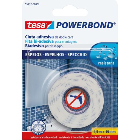 Tesa Powerbond Specchi - Nastro Biadesivo per Specchi - Nastro Adesivo Resistente All'Umidità, Adatto per Docce e Bagni - 1.5 m x 19 mm