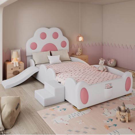 Cama infantil 210x176x97 cm rosa y blanca en PU con tobogán, escalera y cabecero de pata de gato (1/5)