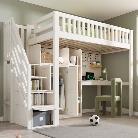 Lit mezzanine enfant 90 x 200 cm avec bureau intégré, penderie intégrée, escalier, étagères, prise et port USB, sans matelas, en bois, Blanc (1/5)