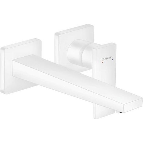 mitigeur lavabo encastré mural, bec 225mm, bonde écoul libre blanc mat