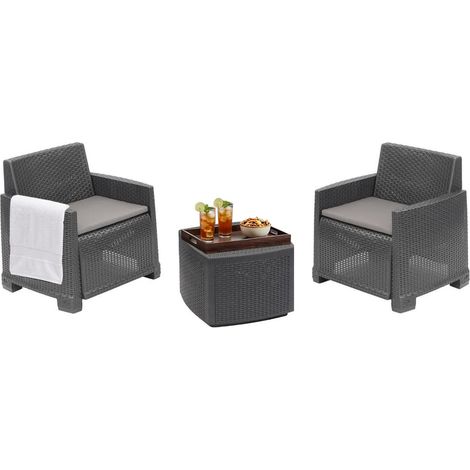 Dmora - Set salotto da esterno Laigueglia, Set da giardino con 2 poltrone e 1 tavolino contenitore, Effetto rattan con cuscini, 100% Made in Italy, Antracite, con imballo rinforzato