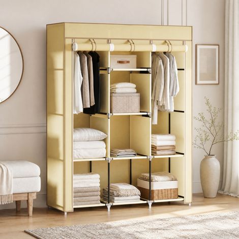 Armoire en tissu en acier beige 125 x 43 x 162,5 cm, 8 étagères et 2 barres de penderie (1/5)