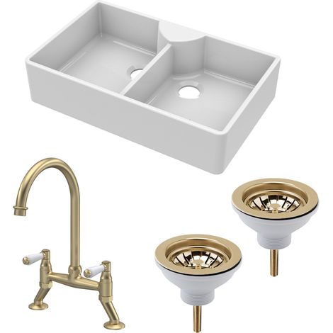 Fireclay Kitchen Bundle - 2 Bowl Butler Sink, 2 x Wastes & Bridge Lever Tap, 895mm - Brushed Brass (1/5)