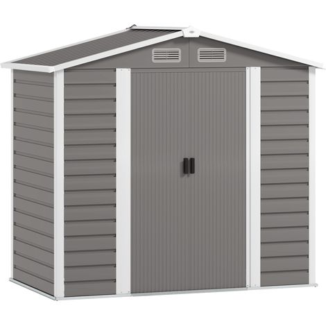 7 x 4ft Garden Shed, Easy to Assemble, Upgraded Galvanised Steel Frame with Foundation Kit, Double Doors with Lock, Outdoor Metal Shed with Vents and Gloves, Garden Storage Shed, Light Grey