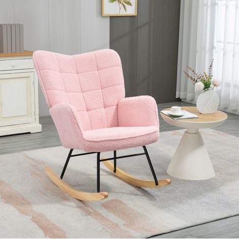Chaise à bascule en polyester rose avec base en bois de hêtre et acier, 71 x 98 x 101 cm (1/5)