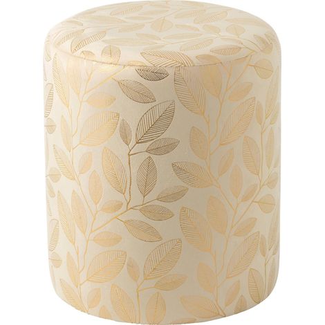 Pouf rond écru à motif feuilles dorées - écru et doré (1/5)